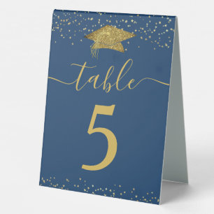 Abschluss Tischnummer Blue Gold Glitzer Cap Tischaufsteller