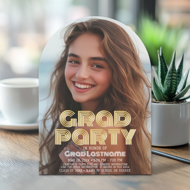Abschluss Vertical Foto - Grad Party Script Gold Einladung (Arch Top Graduation Announcement)