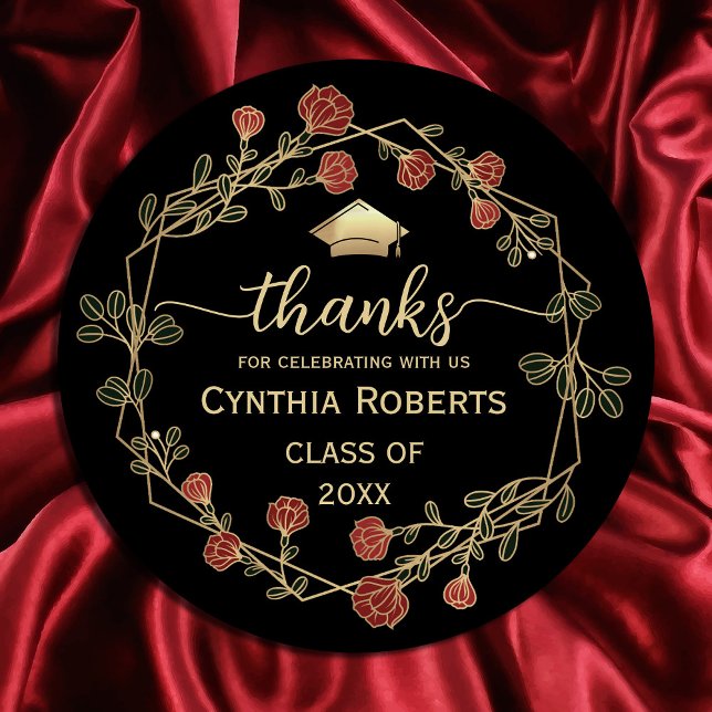 Abschluss Vielen Dank an Red Gold Floral Runder Aufkleber ("Golden gratitude blooms! 🎓✨ Our round frame red and gold flower thank you stickers #glamour )