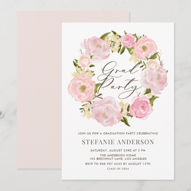 Abschluss Watercolor Blush Pink Peony Wreath Einladung (Vorne/Hinten)