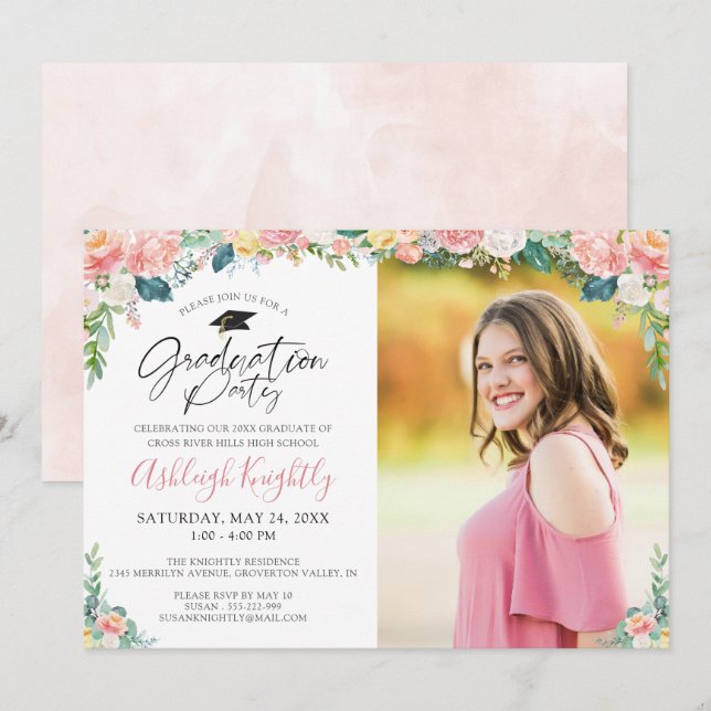 Abschluss Watercolor Pink Blumenschrift Einladung (Vorne/Hinten)