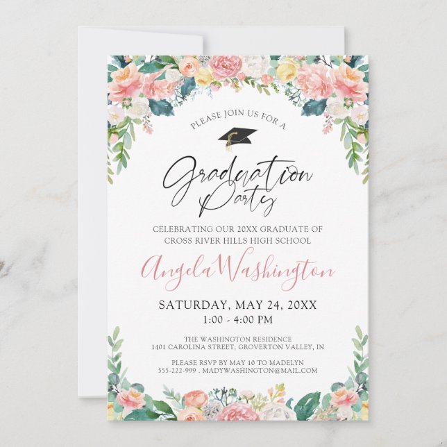 Abschluss Watercolor Pink Blumenschrift Einladung (Vorderseite)