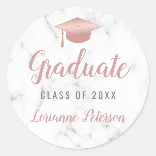 Abschluss White Marble Rose Gold Grad Cap Runder Aufkleber (Vorderseite)