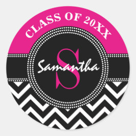 Abschluss Zickzack Monogramm, heiß rosa und schwar Runder Aufkleber