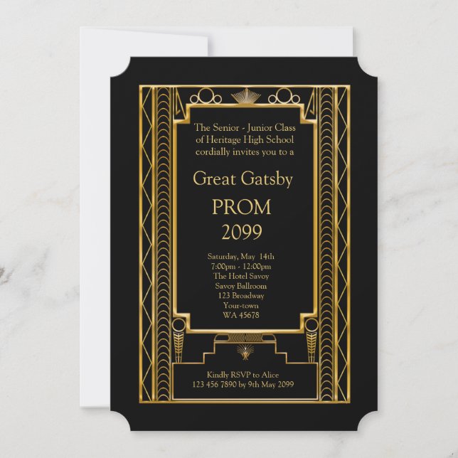 Abschlussball Älter-Junior, großes Gatsby, Gold, Einladung (Vorderseite)