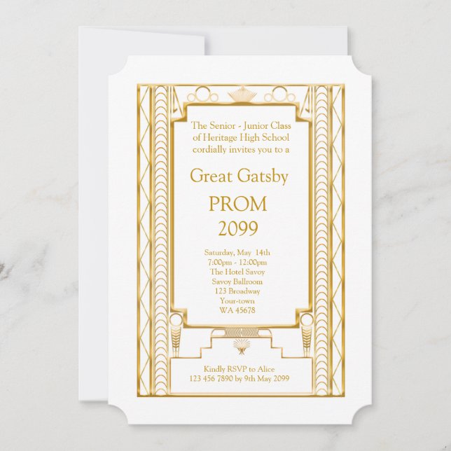Abschlussball Älter-Junior, großes Gatsby, Gold, Einladung (Vorderseite)