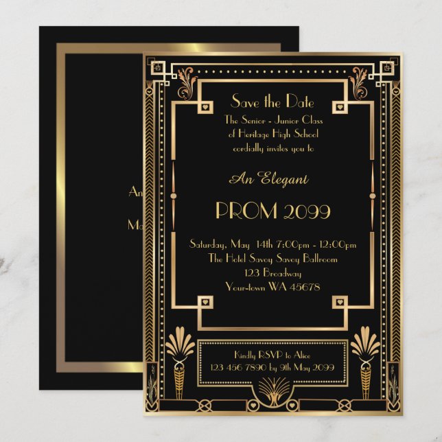 Abschlussball Älter-Junior, schwarzes Gold Einladung (Vorne/Hinten)