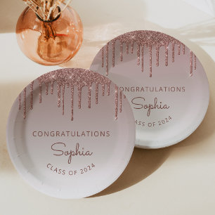 Abschlussfeier 2026 Chic Roségold Glitter-Drip Pappteller