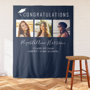 Abschlussfeier Blau Schrift Foto Booth Hintergrund Wandteppich