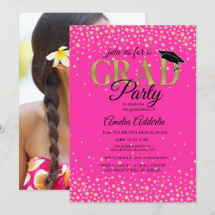 Abschlussfeier Hot Pink Schwarz Gold Glitter Foto Einladung