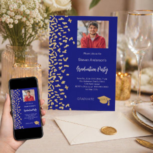 Abschlussfeier Navy Blau Gold Konfetti Foto Einladung