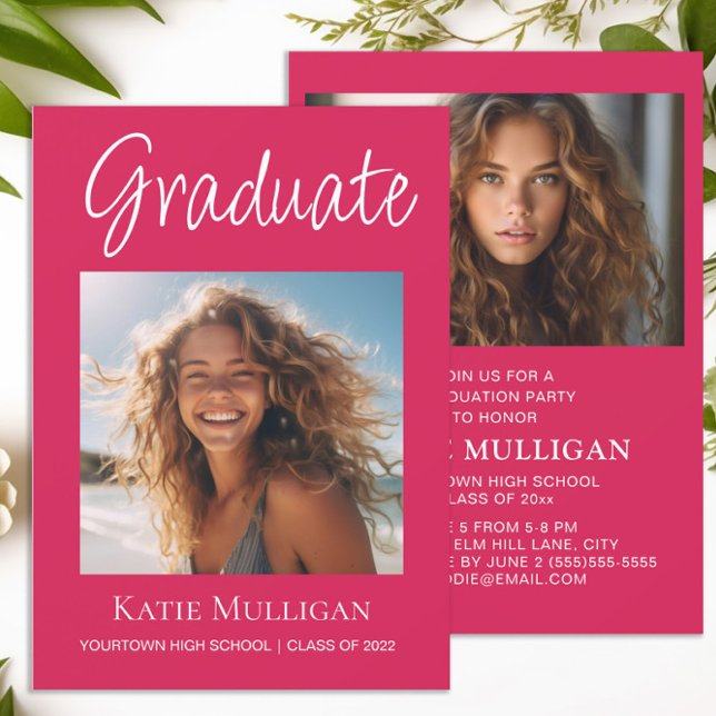 Abschlussfeier Pink 2 Foto  (Hot pink 2-photo graduation party invitation)