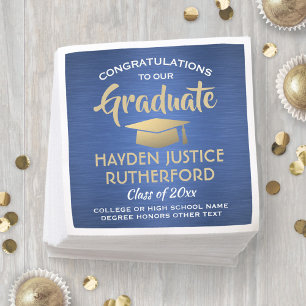Abschlussgratulation gebürstet modern Blau Gold We Serviette