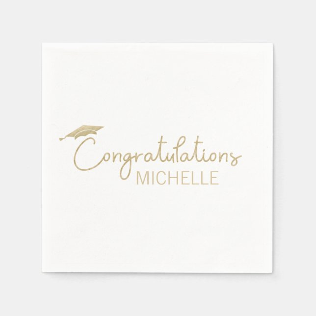 Abschlussmütze Gratulation Gold Weiß Schrift Serviette (Vorderseite)