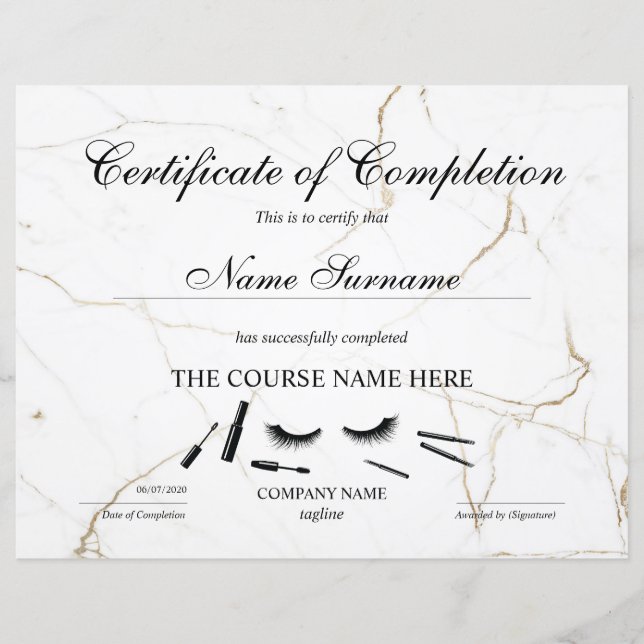 Abschlusszertifikat Lashes Kurs (Vorderseite)