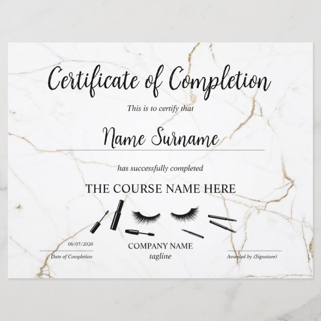 Abschlusszertifikat Lashes Kurs (Vorderseite)