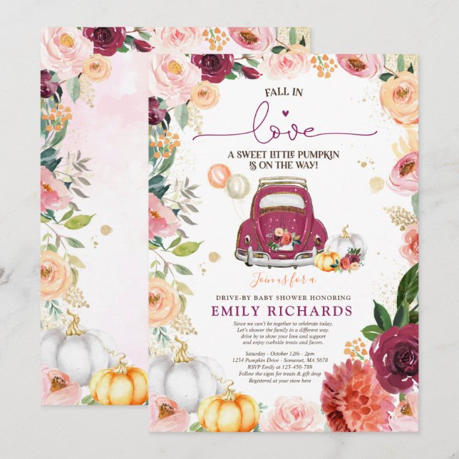 Absinken der Liebe Floral Pumpkin Drive durch Baby Einladung (Vorne/Hinten)
