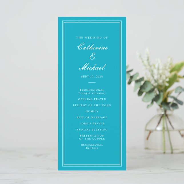 Absolute klassische Script Bright Aqua Wedding Programm (Stehend Vorderseite)