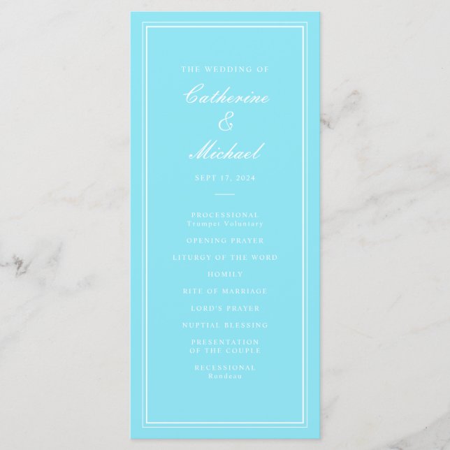Absolute klassische Script Bright Aqua Wedding Programm (Vorderseite)