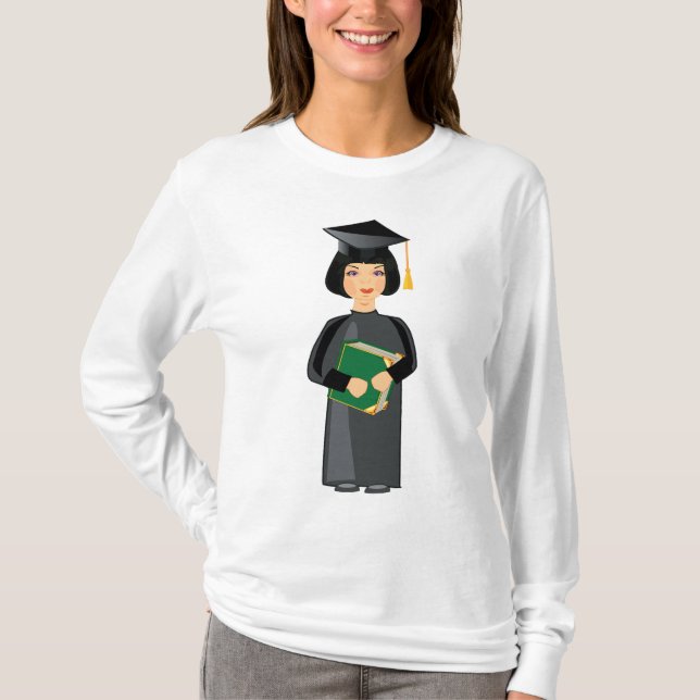 Absolventin in schwarzer Kappe und Robe T-Shirt (Vorderseite)