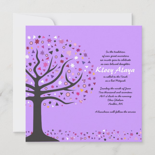 Abstact Arbre de vie Bat mitzvah Invitation Violet (Devant)