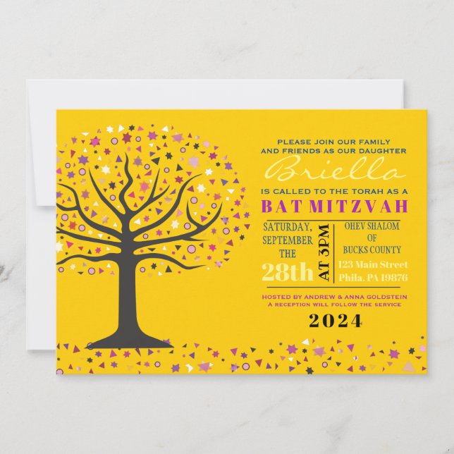 Abstact Tree of Life Bat Mitzvah Einladung Gold (Vorderseite)