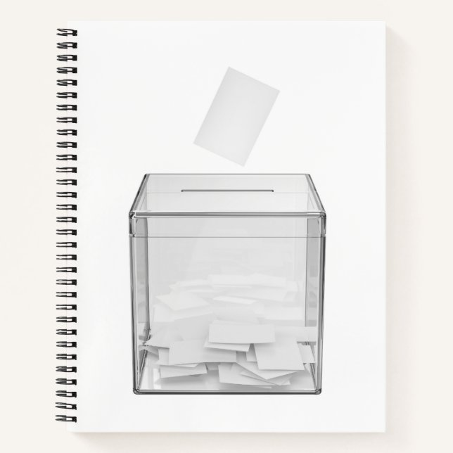 Abstimmungspapier und transparente Wahlurne Notizbuch (Vorderseite)