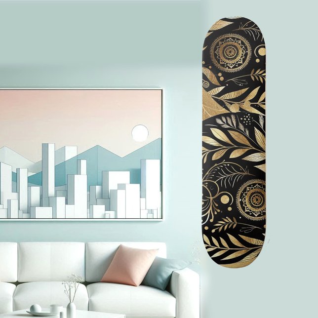 Abstract Art Gold Foliage Black Minimal Boho Funky Skateboard (Abstract Art Gold Foliage Black Minimal Boho Funky Skateboard)