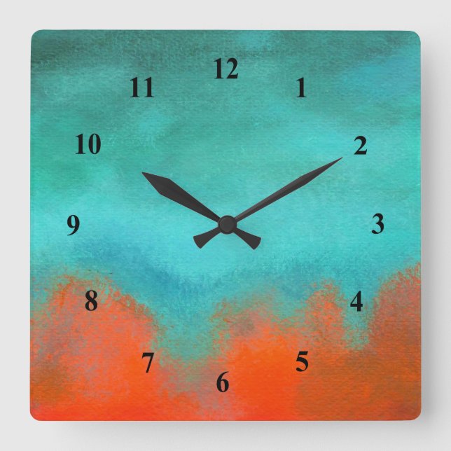 Abstract Art Sky Fire Lava Coral Turquoise Orange Quadratische Wanduhr (Vorderseite)