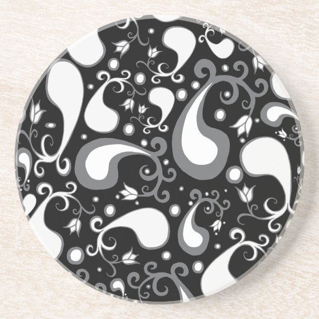 Abstract black and white Tulip Paisley Floral Sandstein Untersetzer (Vorne)