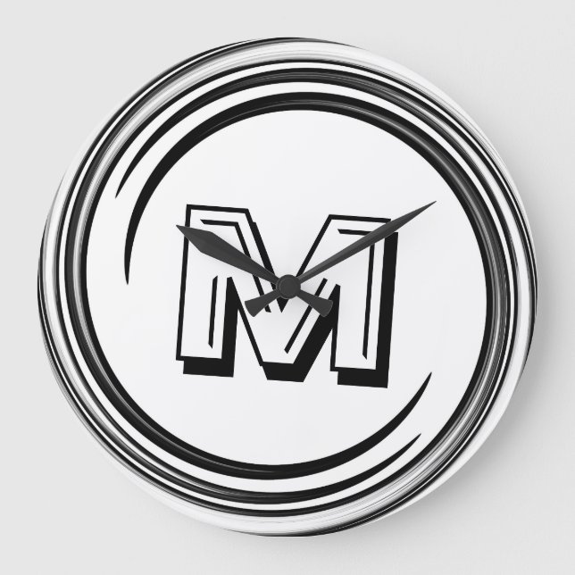 Abstract Black Swirl Monogram Große Wanduhr (Vorderseite)