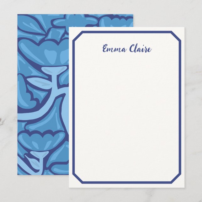 Abstract Blue Floral Patterned Note Card Mitteilungskarte (Vorne/Hinten)