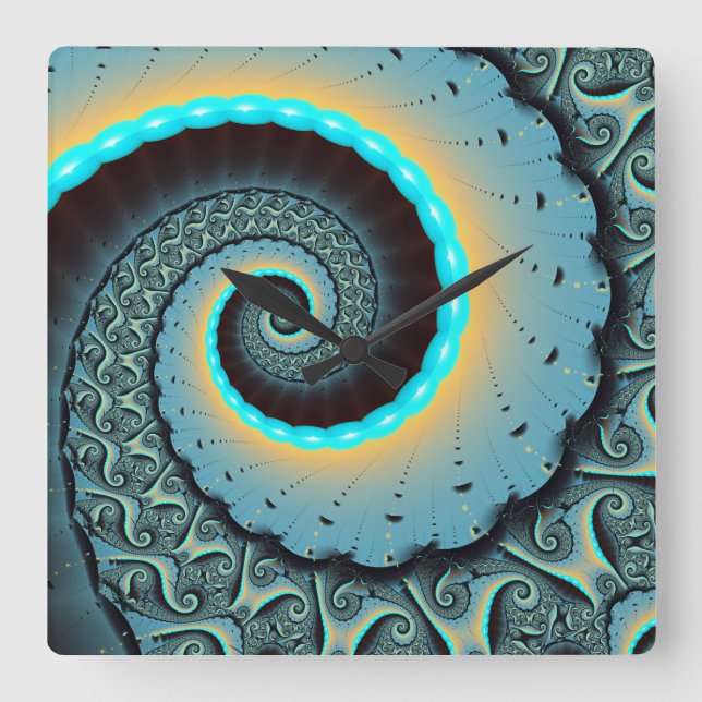 Abstract Blue Turquoise Orange Fractal Art Spiral Quadratische Wanduhr (Vorderseite)