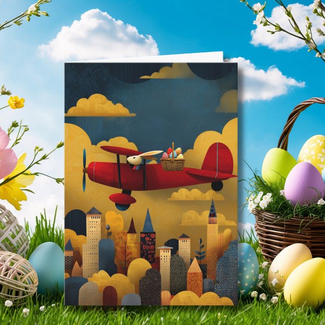 Abstract Bunny Flies Airplane Clouds Custom Easter Karte (Von Creator hochgeladen)