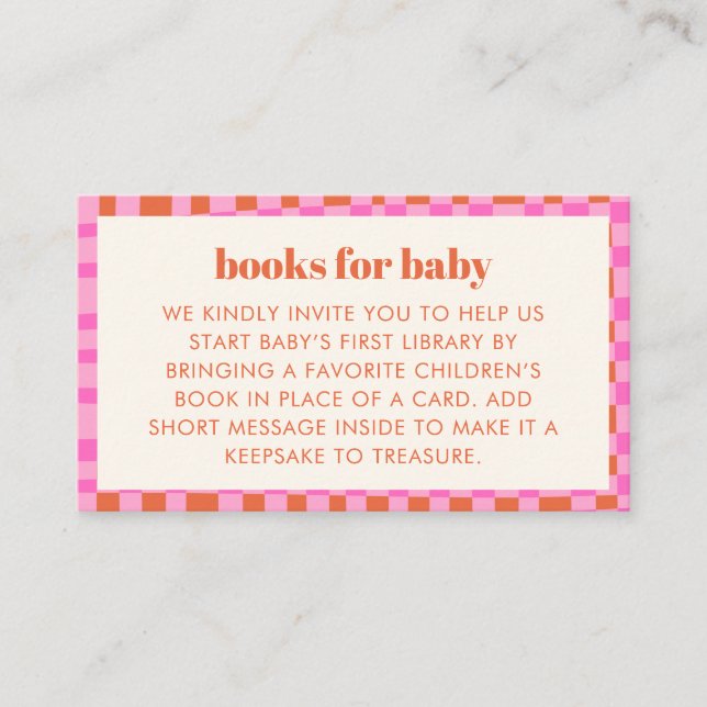 Abstract Check Pink Orange Baby Shower Books  Begleitkarte (Vorderseite)