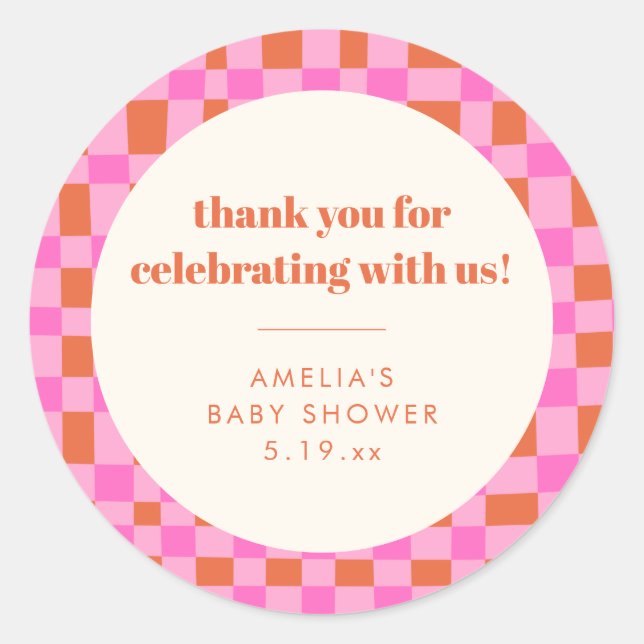 Abstract Checker Pink Custom Baby Shower Thank Runder Aufkleber (Vorderseite)