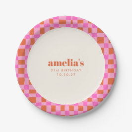 Abstract Checker Pink Orange Custom 21st Birthday Pappteller