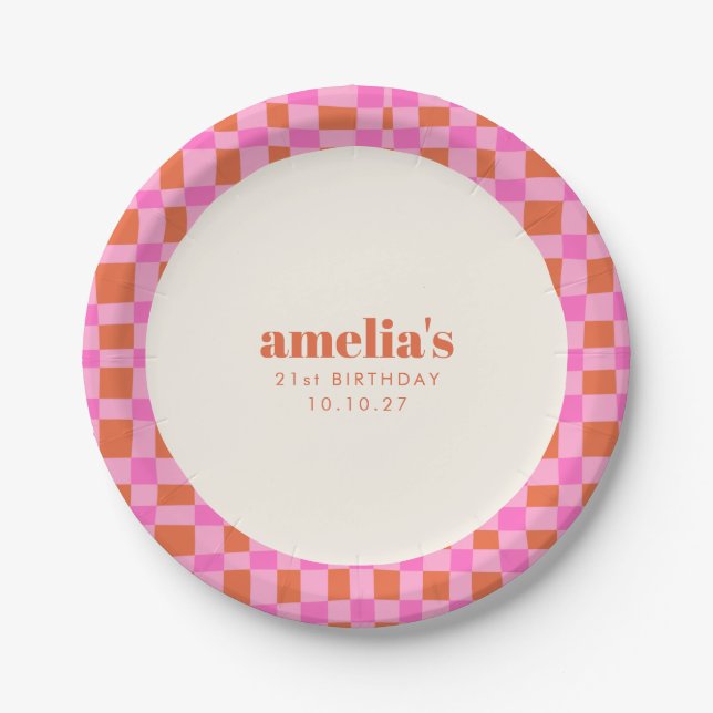 Abstract Checker Pink Orange Custom  21st Birthday Pappteller (Vorderseite)