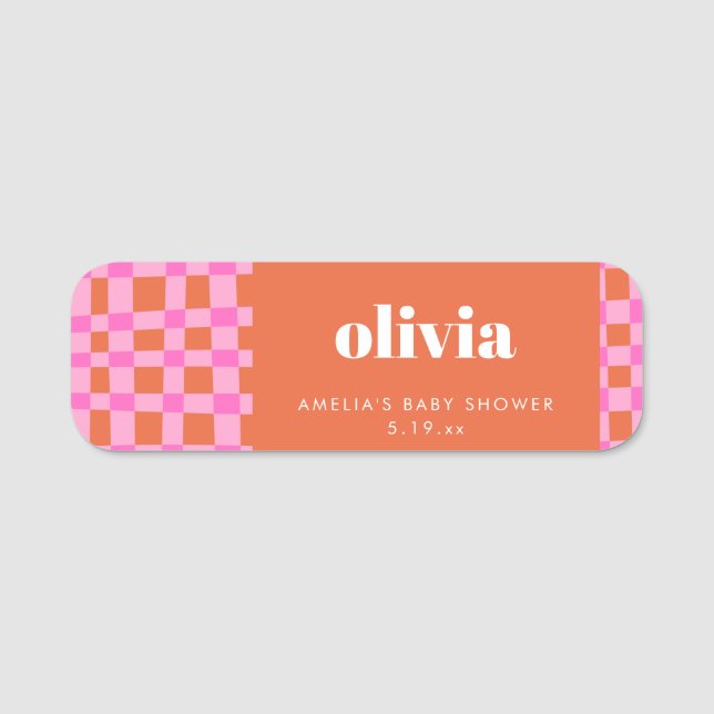 Abstract Checker Pink Orange Custom Baby Shower Namensschild (Vorderseite)
