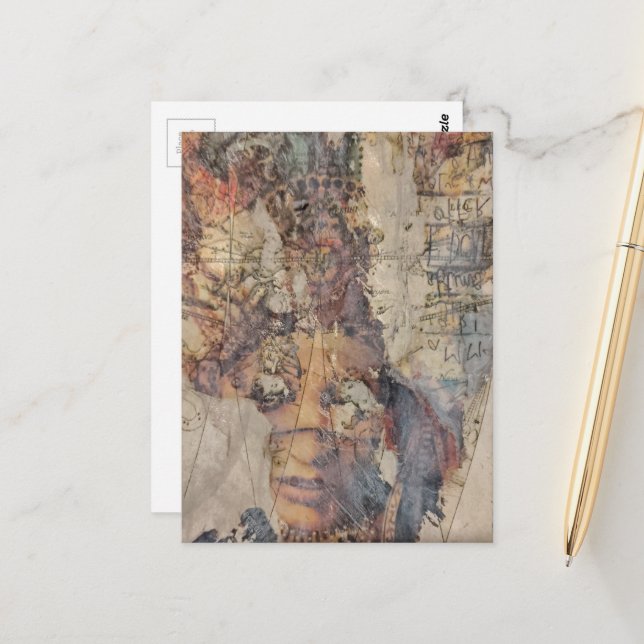 abstract collage with face mixed media postkarte (Vorderseite/Rückseite Beispiel)