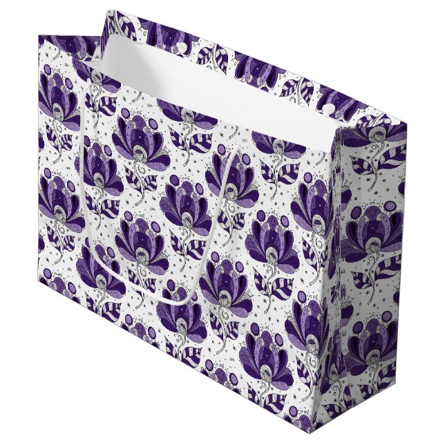 Abstract Doodle Art Style Flowers Shades of Purple Große Geschenktüte (Vorderseite Schrägansicht)