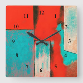 Abstract Expressionist Art Painting Red Turquoise Quadratische Wanduhr