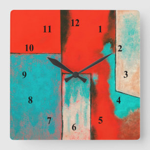 Abstract Expressionist Art Painting Red Turquoise Quadratische Wanduhr