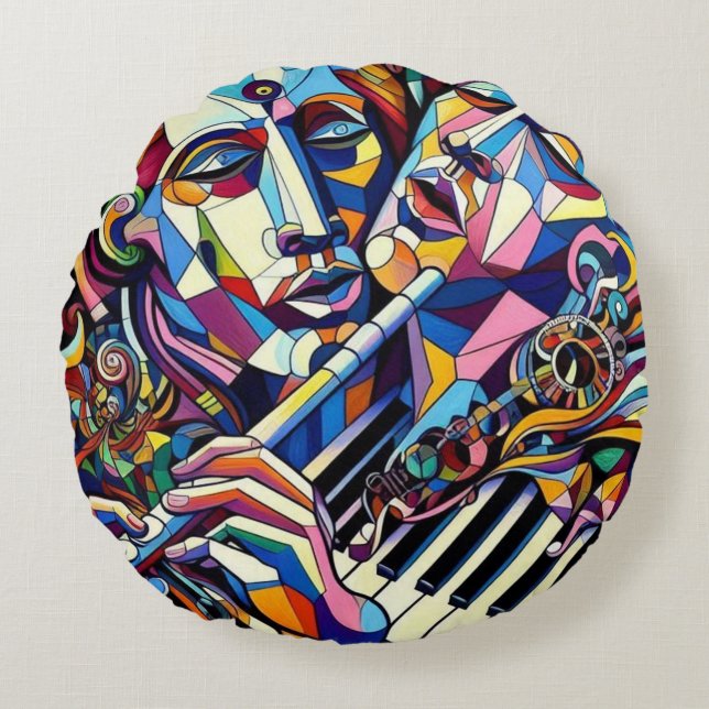 Abstract Faces and Instruments Rundes Kissen (Vorderseite)