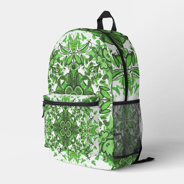 Abstract Floral Pattern In Black & Green On White Bedruckter Rucksack (Rückseitige Ecke Rechts)