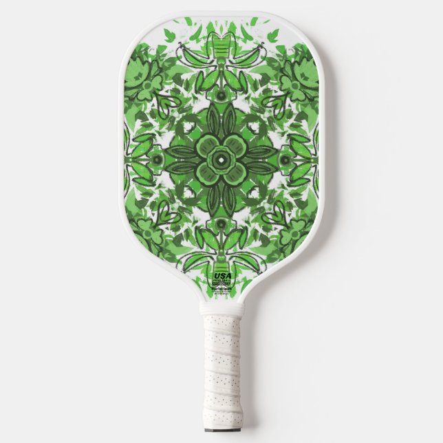 Abstract Floral Pattern In Black & Green On White Pickleball Schläger (Vorderseite)