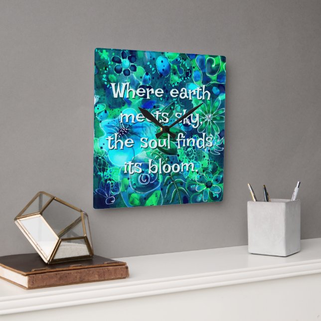 Abstract Floral Teal Blue Green Personalized Quadratische Wanduhr (Büro)
