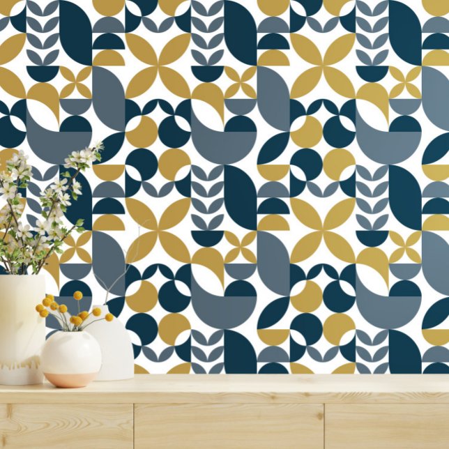 Abstract Geometric Pattern Navy, Mustard Tapete (Von Creator hochgeladen)