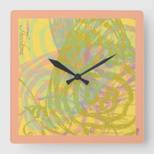 Abstract Gold Butterfly Yellow Blue Pastel Quadratische Wanduhr