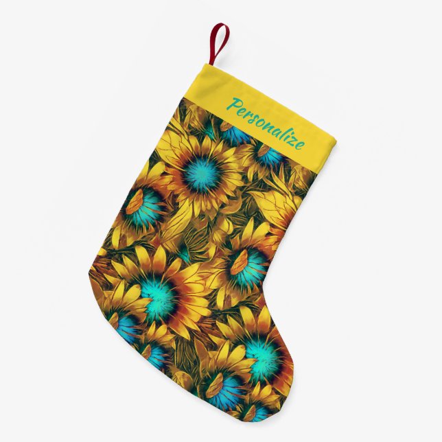 Abstract Gold Teal Sunflowers Floral Holiday  Kleiner Weihnachtsstrumpf (Vorderansicht (hängend))